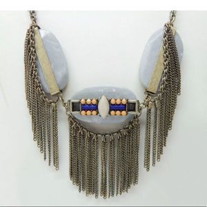 Vintage Semi Precious Stone And Antiqued Brass Tassel Boho Necklace